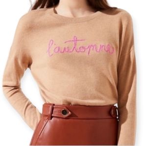 NWOT LOFT tan & pink spell out embroidered L'automne wool  sweater Women Small